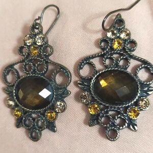 Amber Multi Color Rhinestone Boho Brass Filigree Earrings